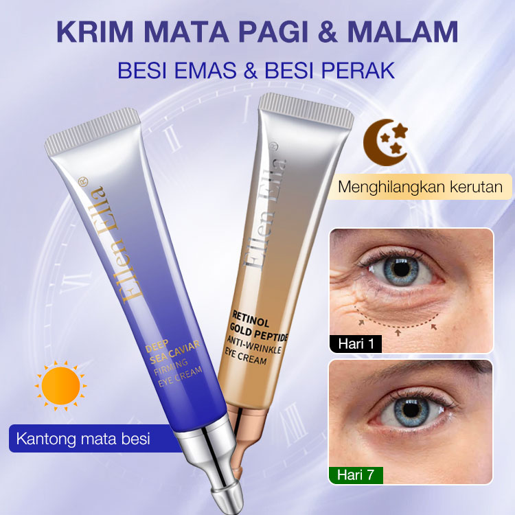 ELLEN ELLA Krim Mata Pagi & Malam - Menghilangkan Lingkaran Hitam, Kantong Mata, Kerutan dalam 7 Hari