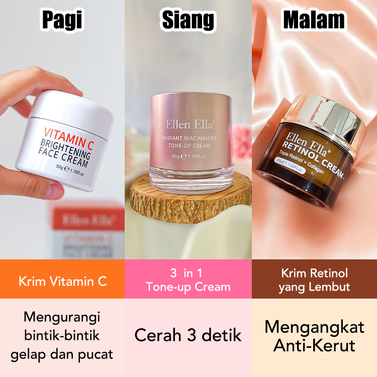 ELLEN ELLA GlowCycle Cream Combo - Krim Vit C untuk Meningkatkan Kecerahan di Pagi Hari, Krim 3-in-1 Tone up untuk Kulit Bersinar di Siang Hari, Krim Retion untuk Memperbarui Kulit di Malam Hari