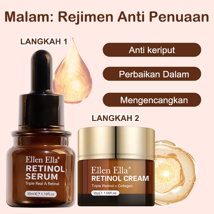 Rangkaian Perawatan Kulit Lanjutan ELLEN ELLA - Super Pagi Pemutih & Lanjut Malam Anti-penuaan - Serum Kompleks Emas VC & Krim Triple Retinol & Tabir Surya SPF90+