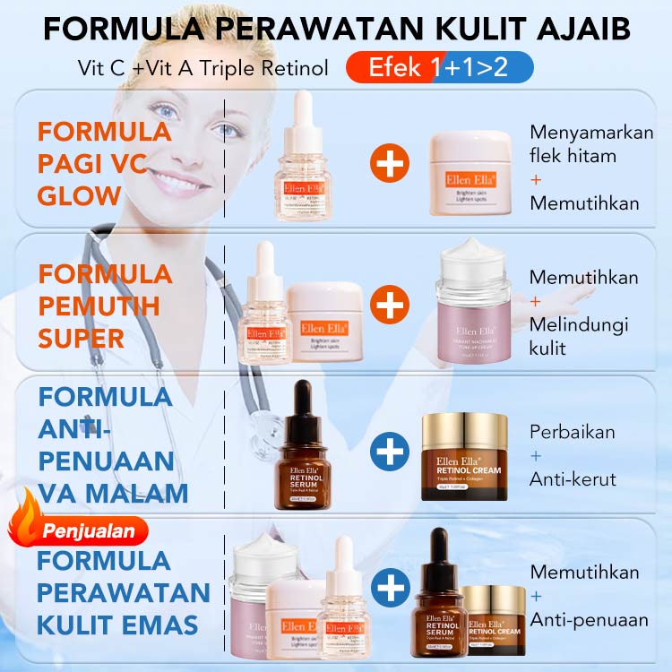 ELLEN ELLA 1+1>2 Formula Usia Terbalik Zaman Keemasan. Formula VC Glowing dan formula Anti-penuaan Retinol